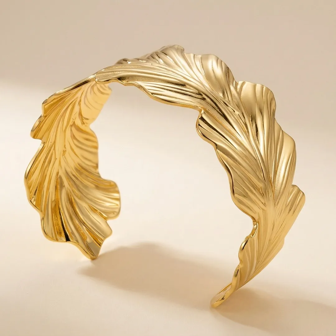 Leaf Design Statement Cuff Bracelet – Stainless Steel 18K Gold Plated Designer Party Wear Jewellery