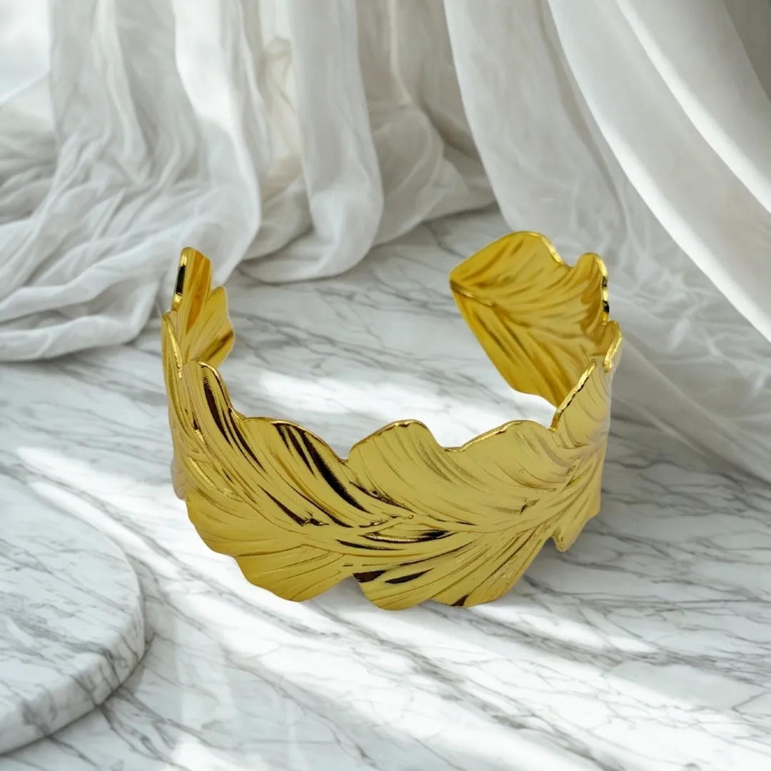 Leaf Design Statement Cuff Bracelet – Stainless Steel 18K Gold Plated Designer Party Wear Jewellery