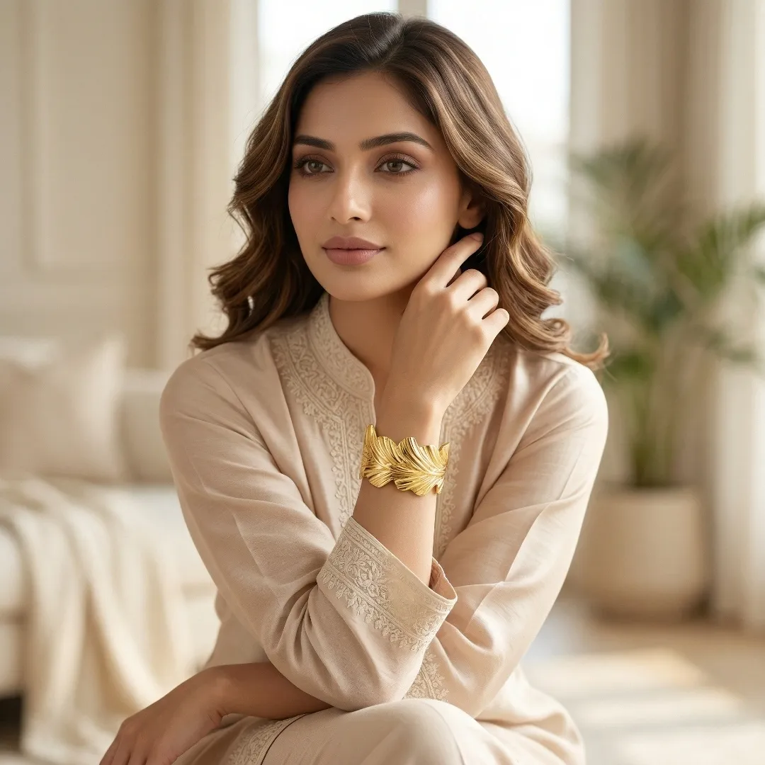 Leaf Design Statement Cuff Bracelet – Stainless Steel 18K Gold Plated Designer Party Wear Jewellery