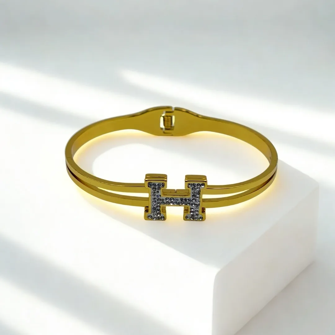 Minimal H Design Cuff Bracelet – Stainless Steel 18K Gold Plated AD Stone Designer Party Wear Jewellery