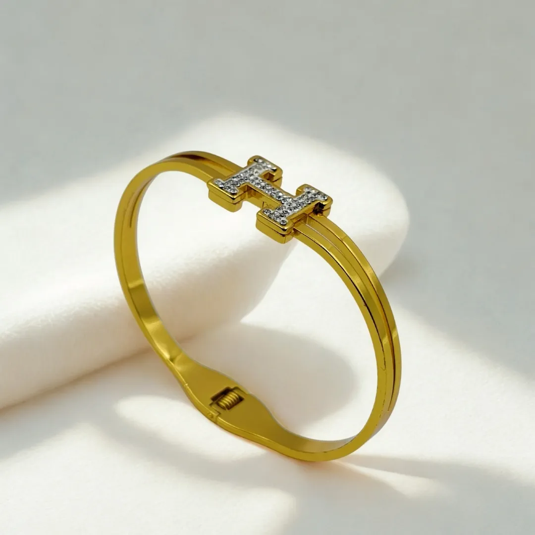 Minimal H Design Cuff Bracelet – Stainless Steel 18K Gold Plated AD Stone Designer Party Wear Jewellery