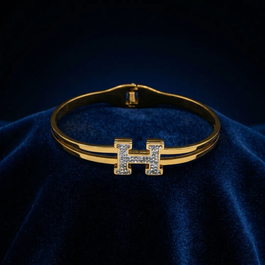 Minimal H Design Cuff Bracelet – Stainless Steel 18K Gold Plated AD Stone Designer Party Wear Jewellery