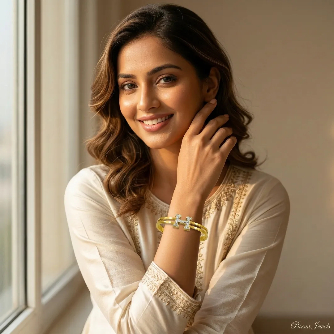 Minimal H Design Cuff Bracelet – Stainless Steel 18K Gold Plated AD Stone Designer Party Wear Jewellery