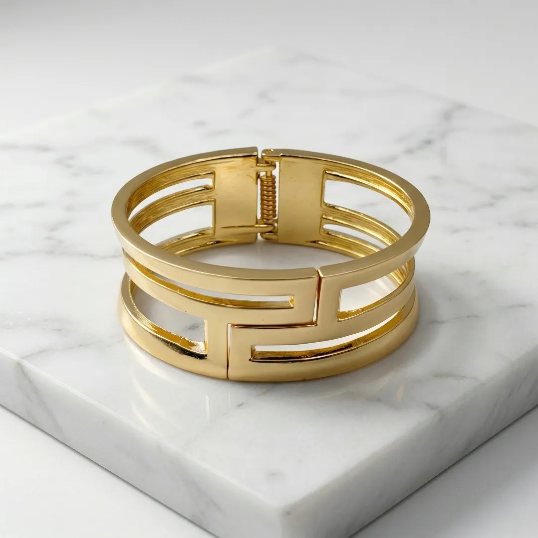 Geometric Cut-Out Statement Cuff Bracelet – Stainless Steel 18K Gold Plated Designer Party Wear Jewellery
