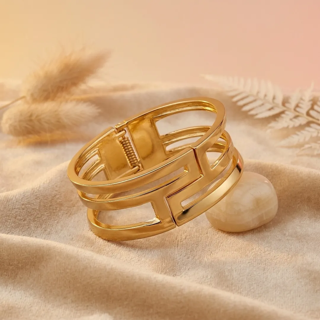 Geometric Cut-Out Statement Cuff Bracelet – Stainless Steel 18K Gold Plated Designer Party Wear Jewellery