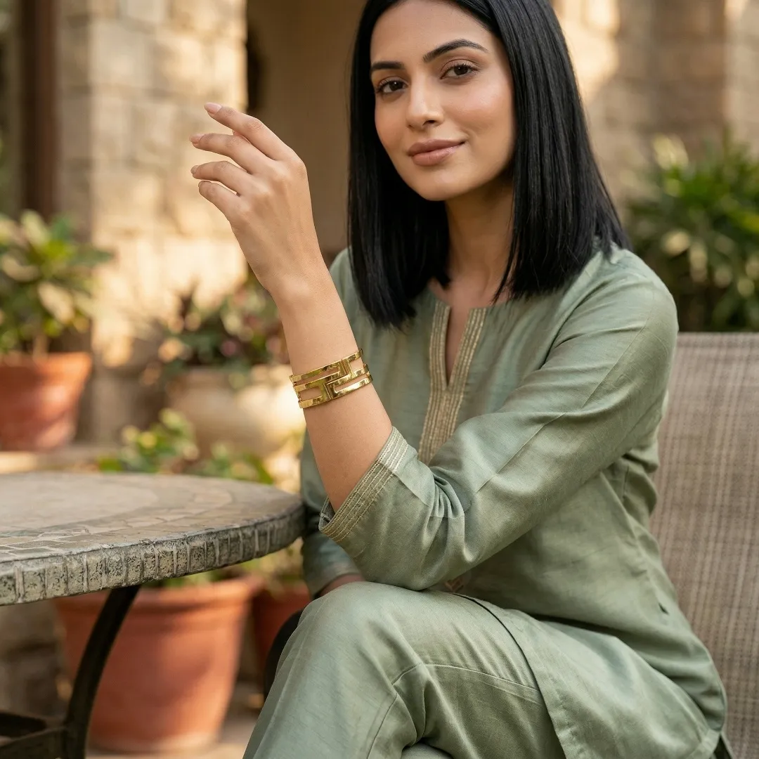 Geometric Cut-Out Statement Cuff Bracelet – Stainless Steel 18K Gold Plated Designer Party Wear Jewellery