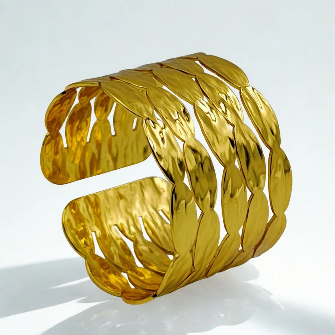 Braided Leaf Statement Wide Cuff Bracelet – Stainless Steel 18K Gold Plated Designer Party Wear Jewellery