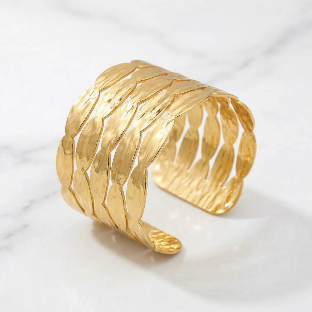 Braided Leaf Statement Wide Cuff Bracelet – Stainless Steel 18K Gold Plated Designer Party Wear Jewellery