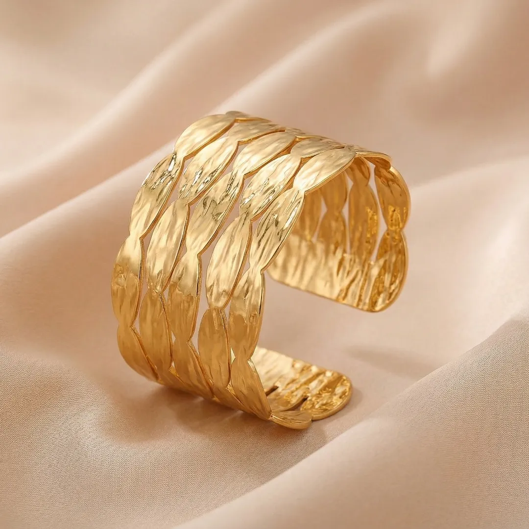 Braided Leaf Statement Wide Cuff Bracelet – Stainless Steel 18K Gold Plated Designer Party Wear Jewellery