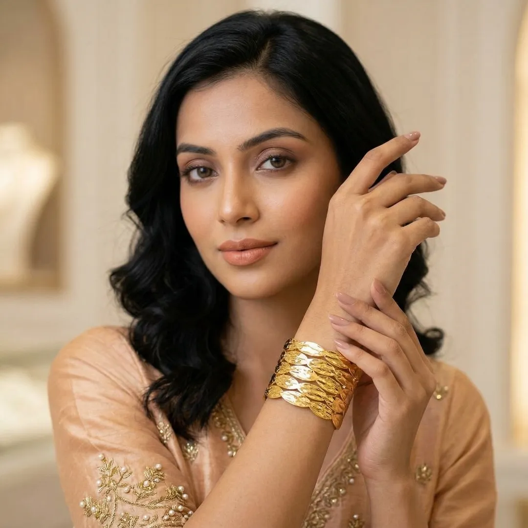 Braided Leaf Statement Wide Cuff Bracelet – Stainless Steel 18K Gold Plated Designer Party Wear Jewellery