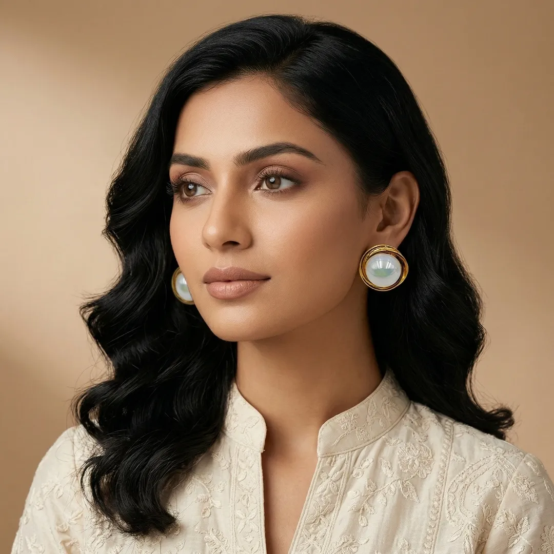 Gold Pearl Stud Earrings - Classic Bridal Party Wear Fashion Jewellery