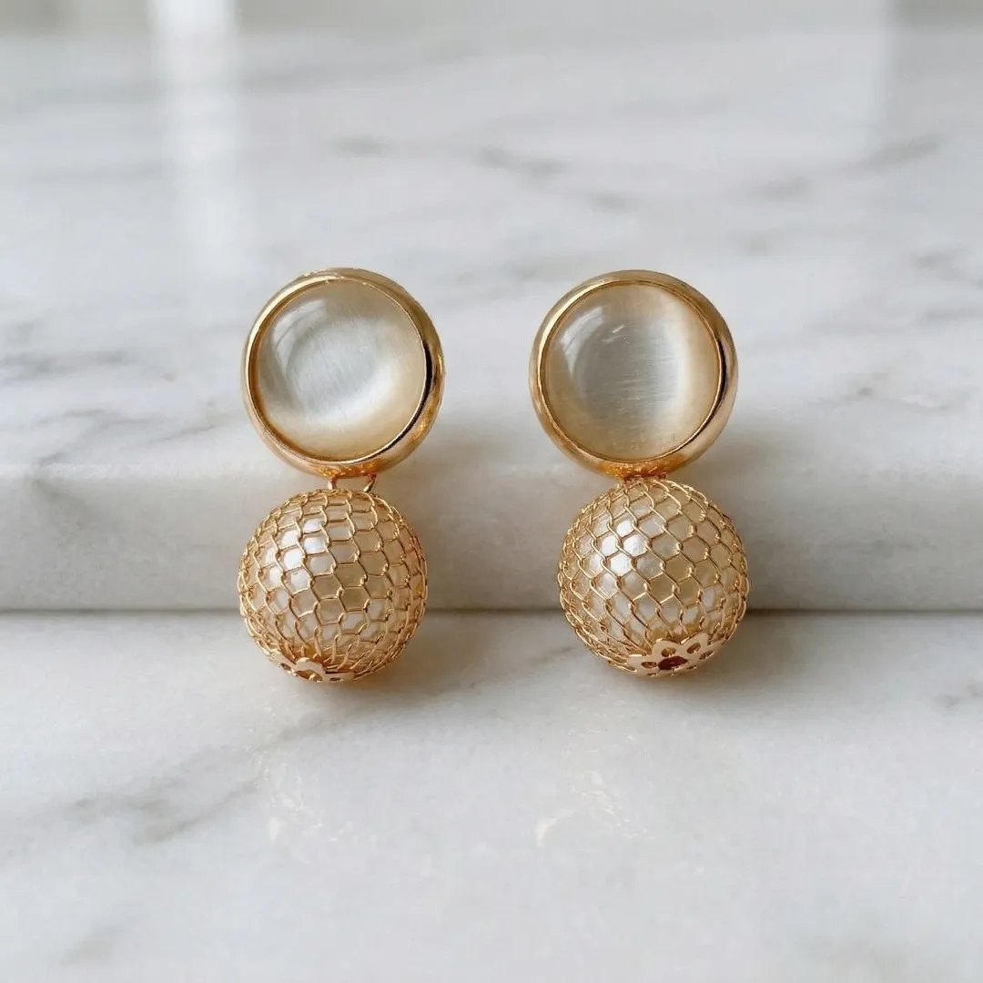 Rose Gold Pearl & Mesh Ball Drop Earrings - Designer Party Wear Jewellery