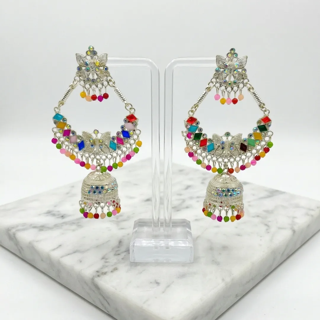 Silver Kundan Colorful Jhumka Earrings - Traditional Bridal Party Wear Jewellery