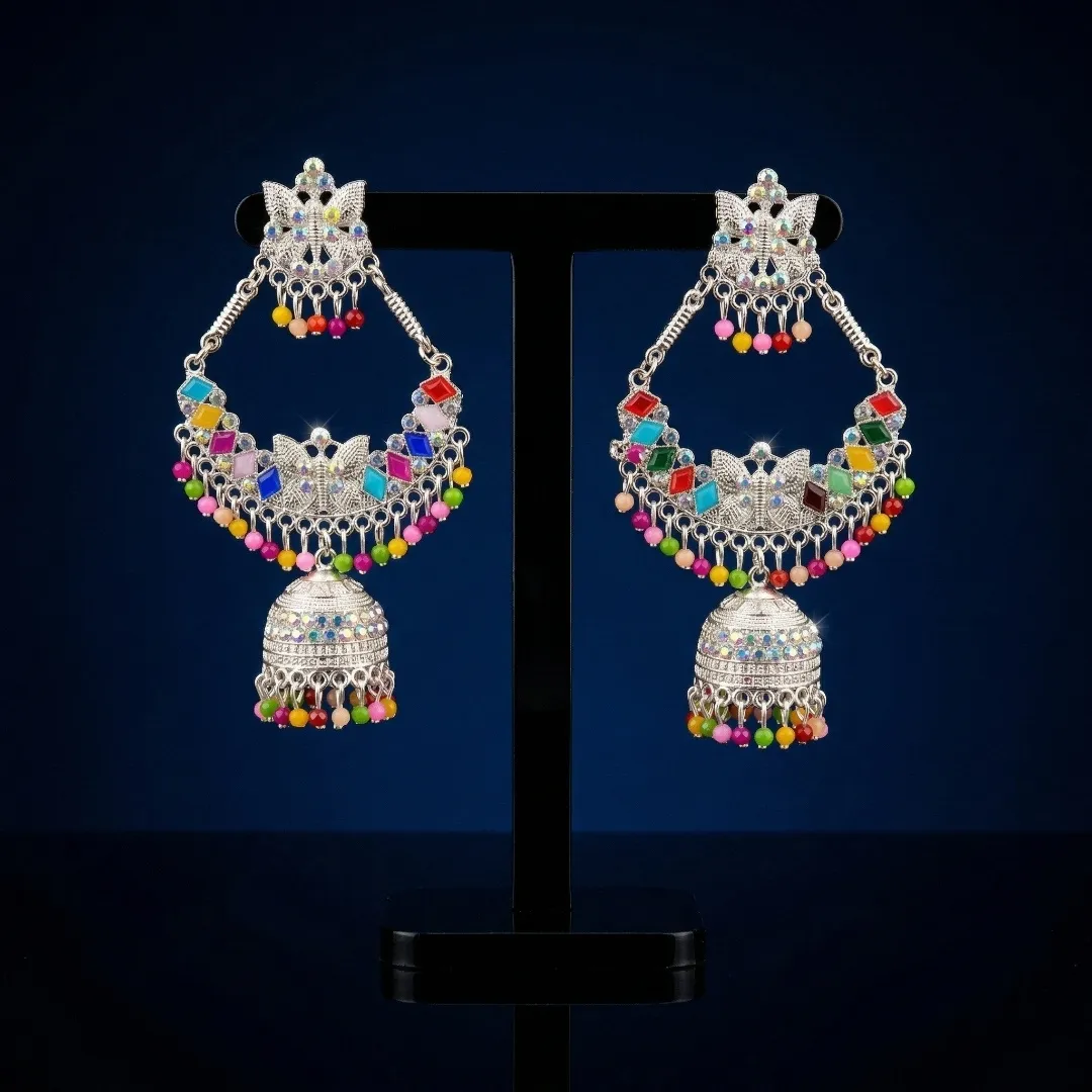 Silver Kundan Colorful Jhumka Earrings - Traditional Bridal Party Wear Jewellery