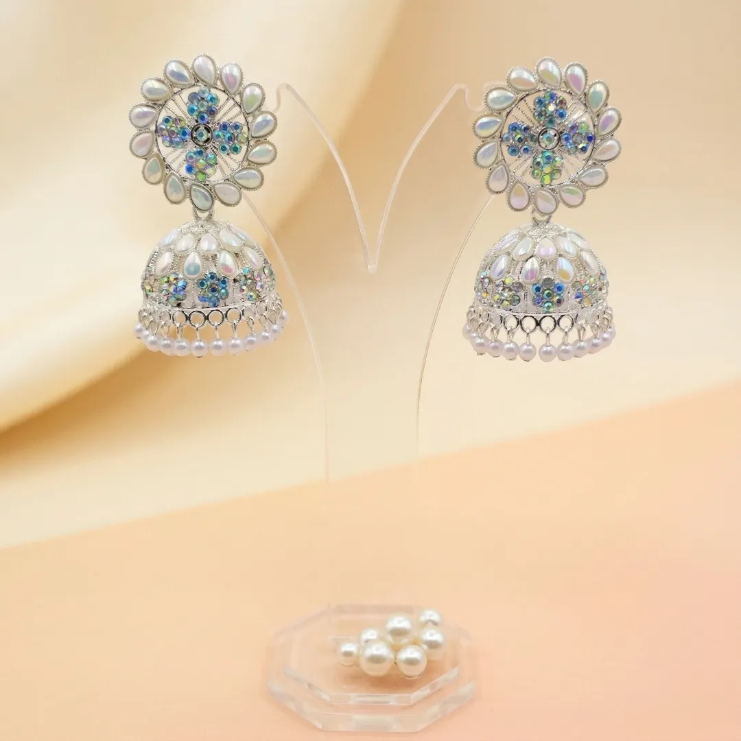 Silver Pearl AD Stone Jhumka Earrings - Bridal Traditional Wedding Jewellery