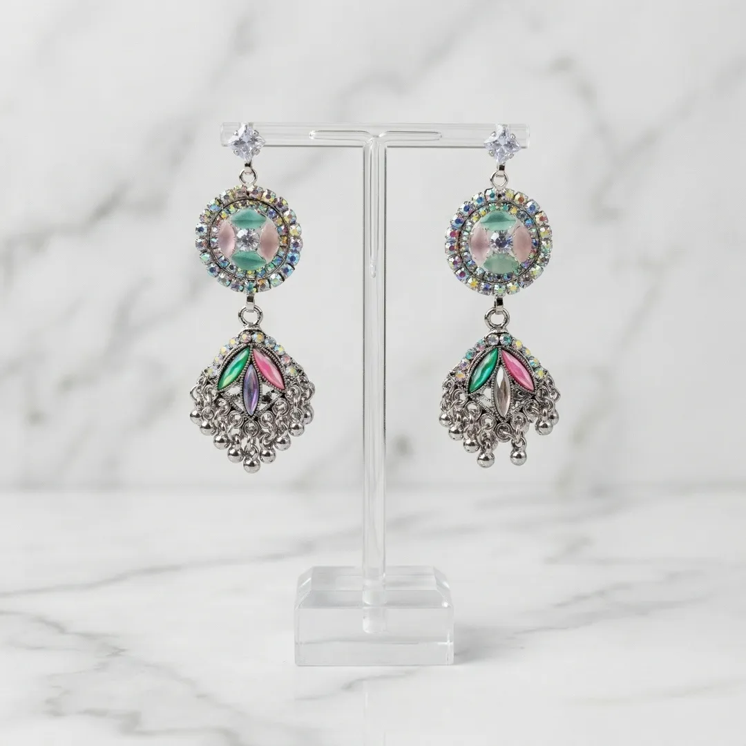 Silver Multicolor AD Stone Kundan Drop Earrings - Bridal Party Wear Jewellery