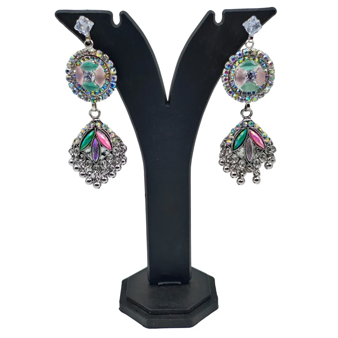 Silver Multicolor AD Stone Kundan Drop Earrings - Bridal Party Wear Jewellery