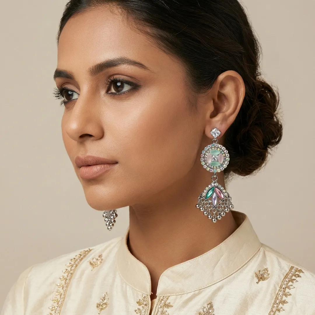 Silver Multicolor AD Stone Kundan Drop Earrings - Bridal Party Wear Jewellery