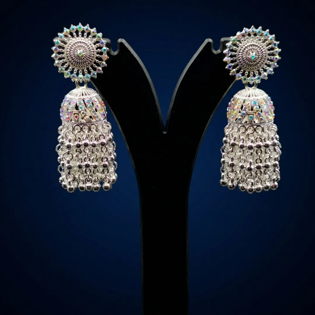 Silver Iridescent AB Stone Jhumka Earrings - Bridal Party Wear Traditional Jewellery