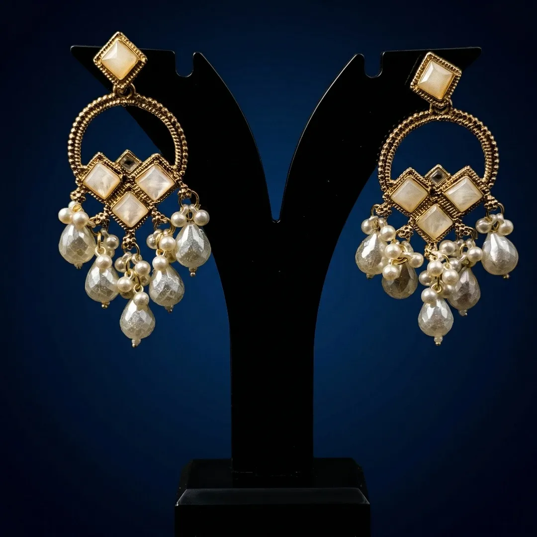 Gold Pearl Kundan Drop Earrings - Bridal Traditional Wedding Party Wear Jewellery