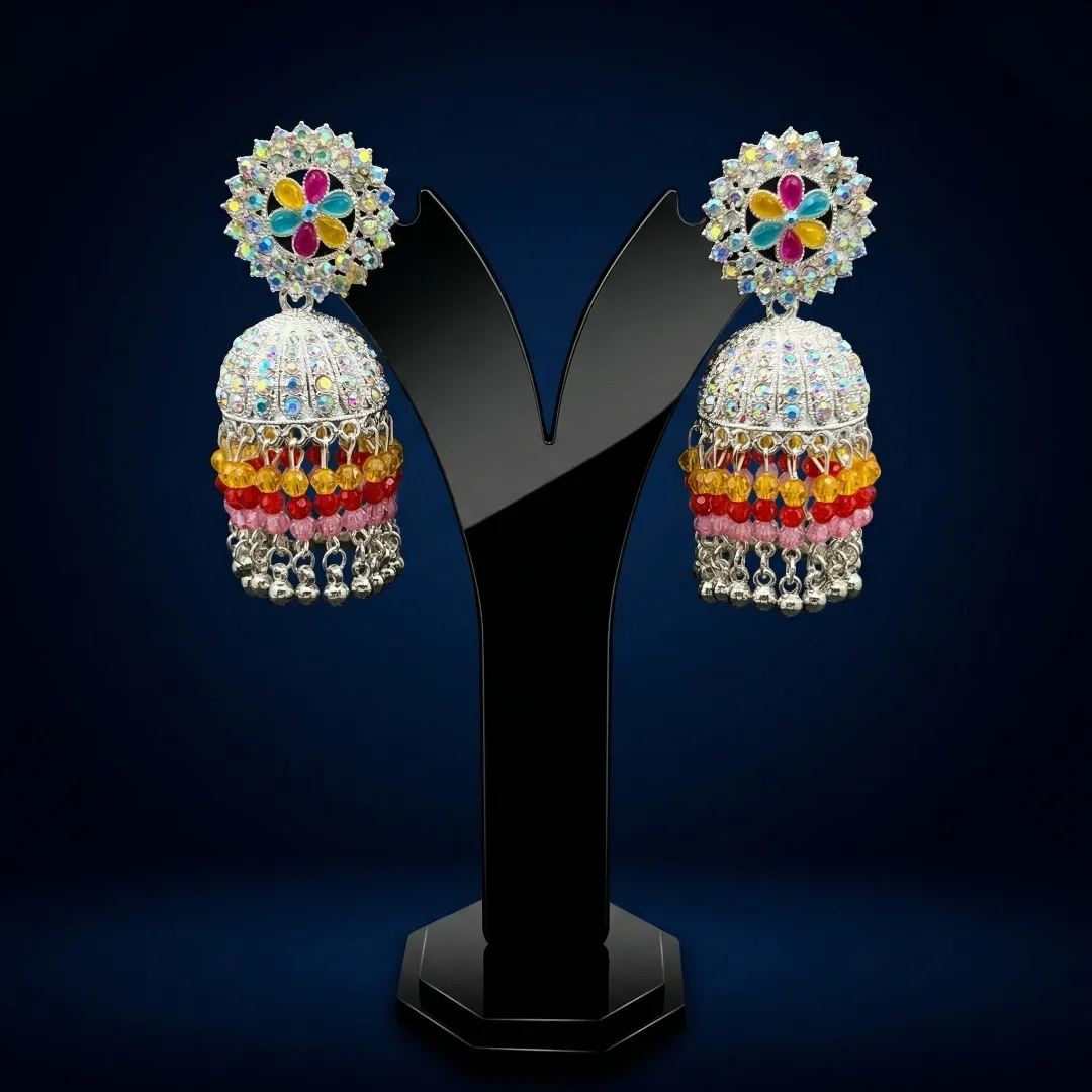 Colorful Kundan Crystal Jhumka Earrings - Bridal Party Wear Traditional Jewellery