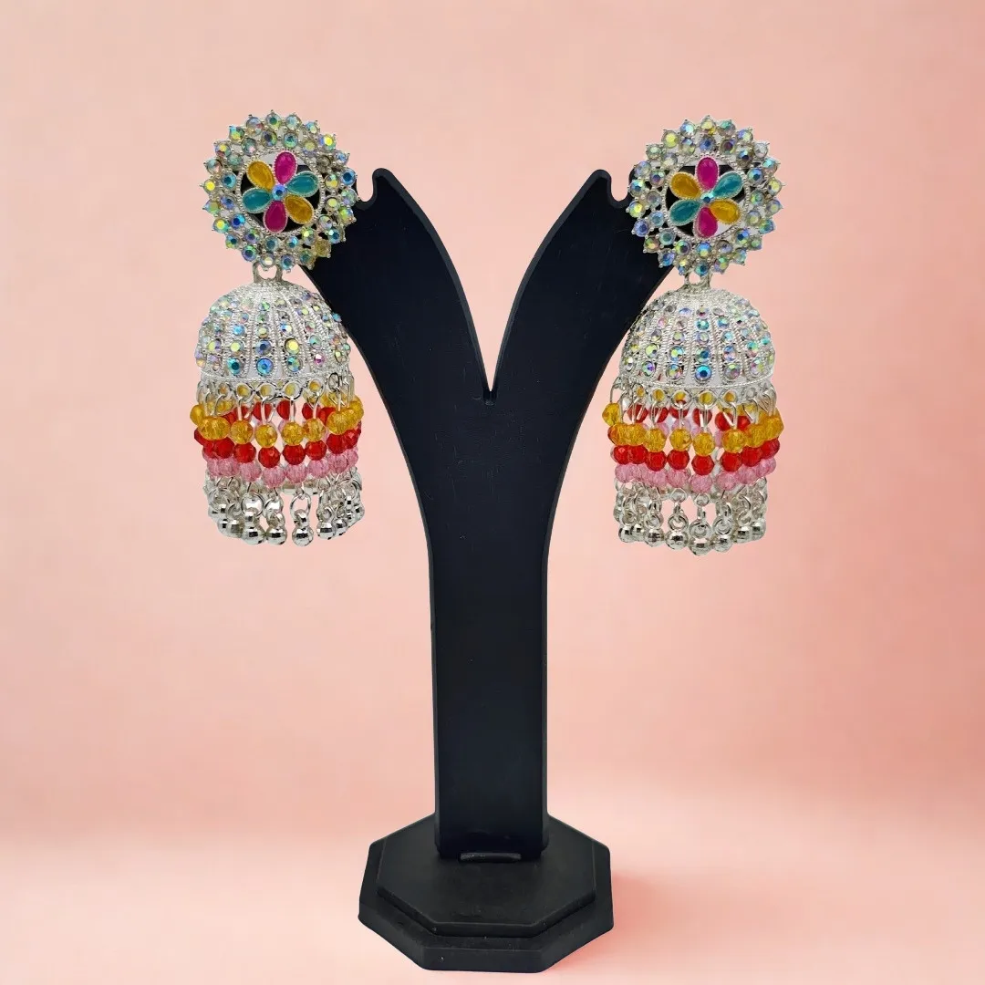Colorful Kundan Crystal Jhumka Earrings - Bridal Party Wear Traditional Jewellery
