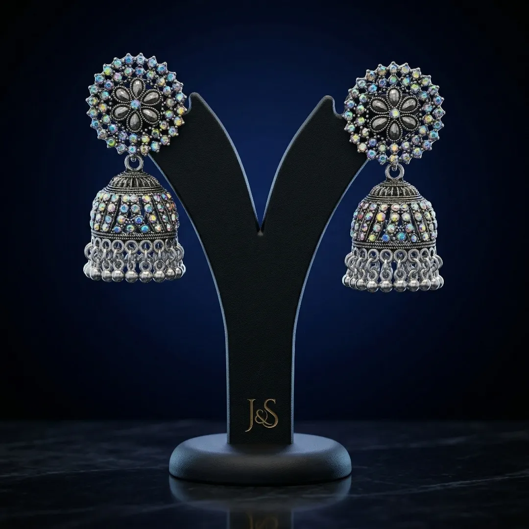 Oxidized Silver Multicolor AD Stone Jhumka Earrings - Bridal Traditional Wedding