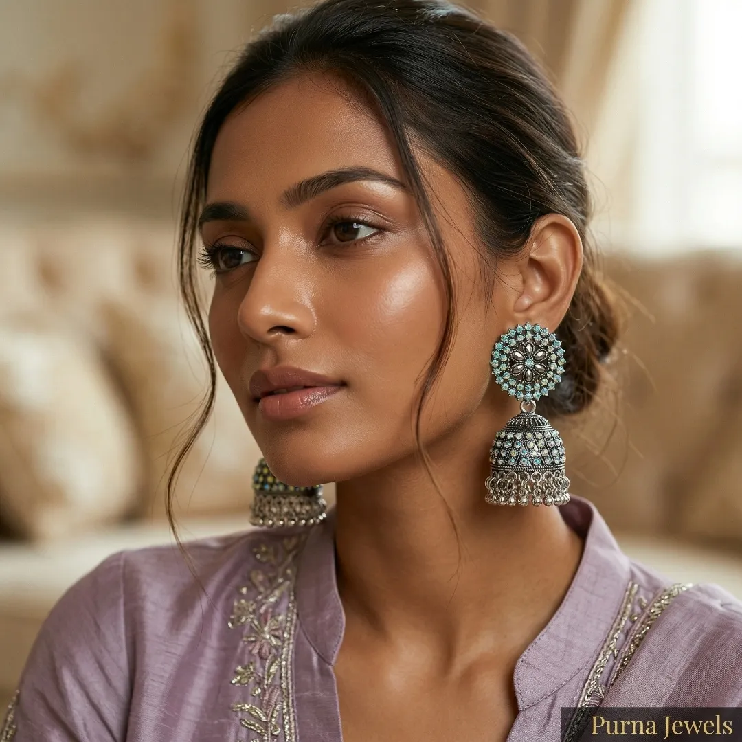 Oxidized Silver Multicolor AD Stone Jhumka Earrings - Bridal Traditional Wedding