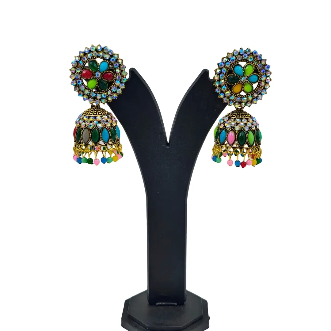 Gold Kundan Colorful Cabochon Jhumka Earrings - Bridal Party Wear Traditional