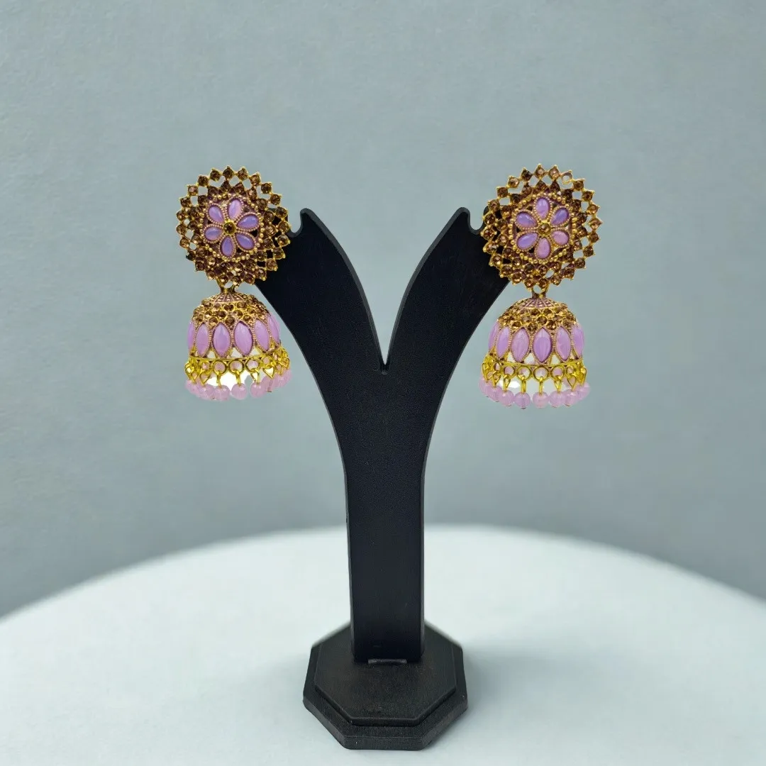 Gold Purple Kundan Jhumka Earrings - Bridal Traditional Party Wear Jewellery