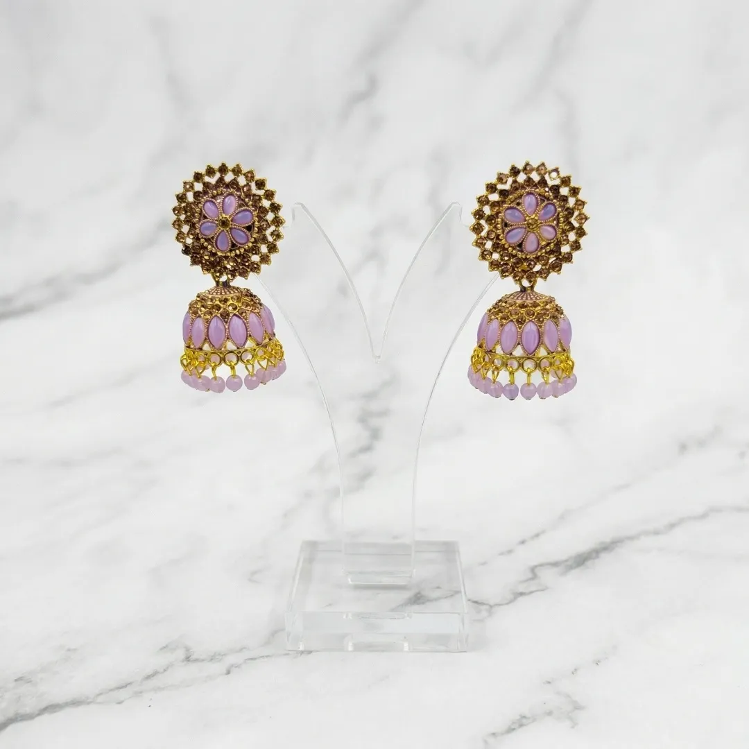 Gold Purple Kundan Jhumka Earrings - Bridal Traditional Party Wear Jewellery