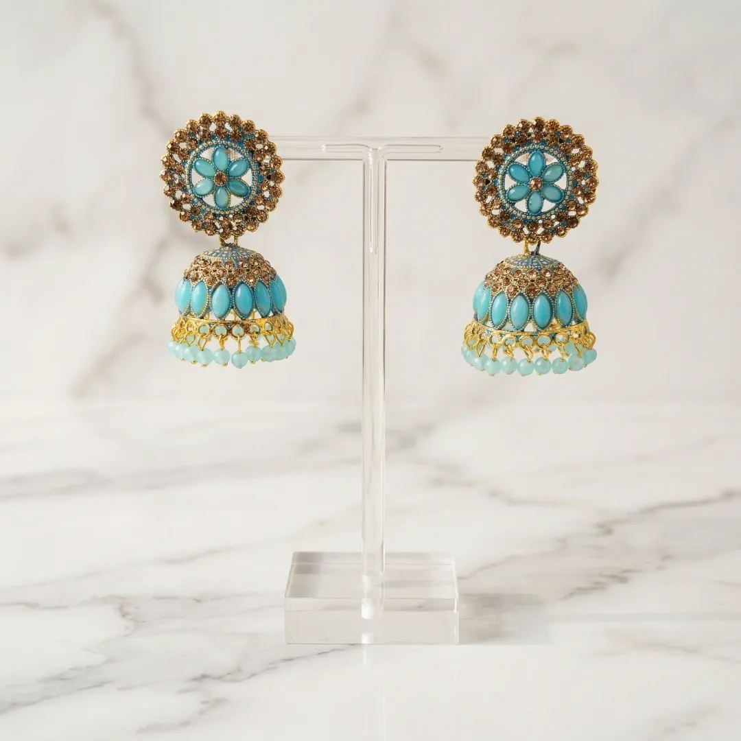 Gold Turquoise Kundan Jhumka Earrings - Bridal Traditional Party Wear Jewellery
