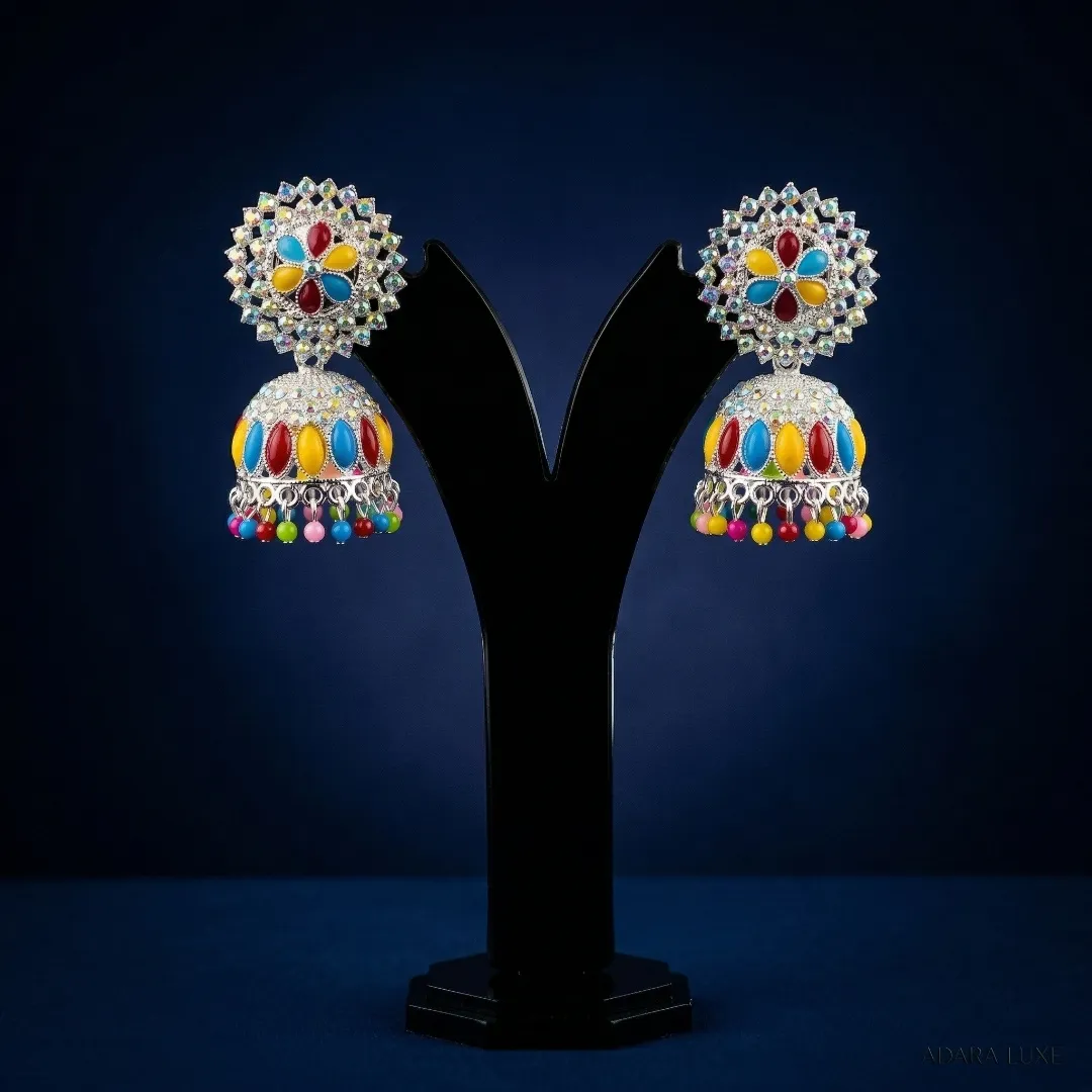 Silver Colorful Kundan Jhumka Earrings - Bridal Party Wear Traditional Jewellery