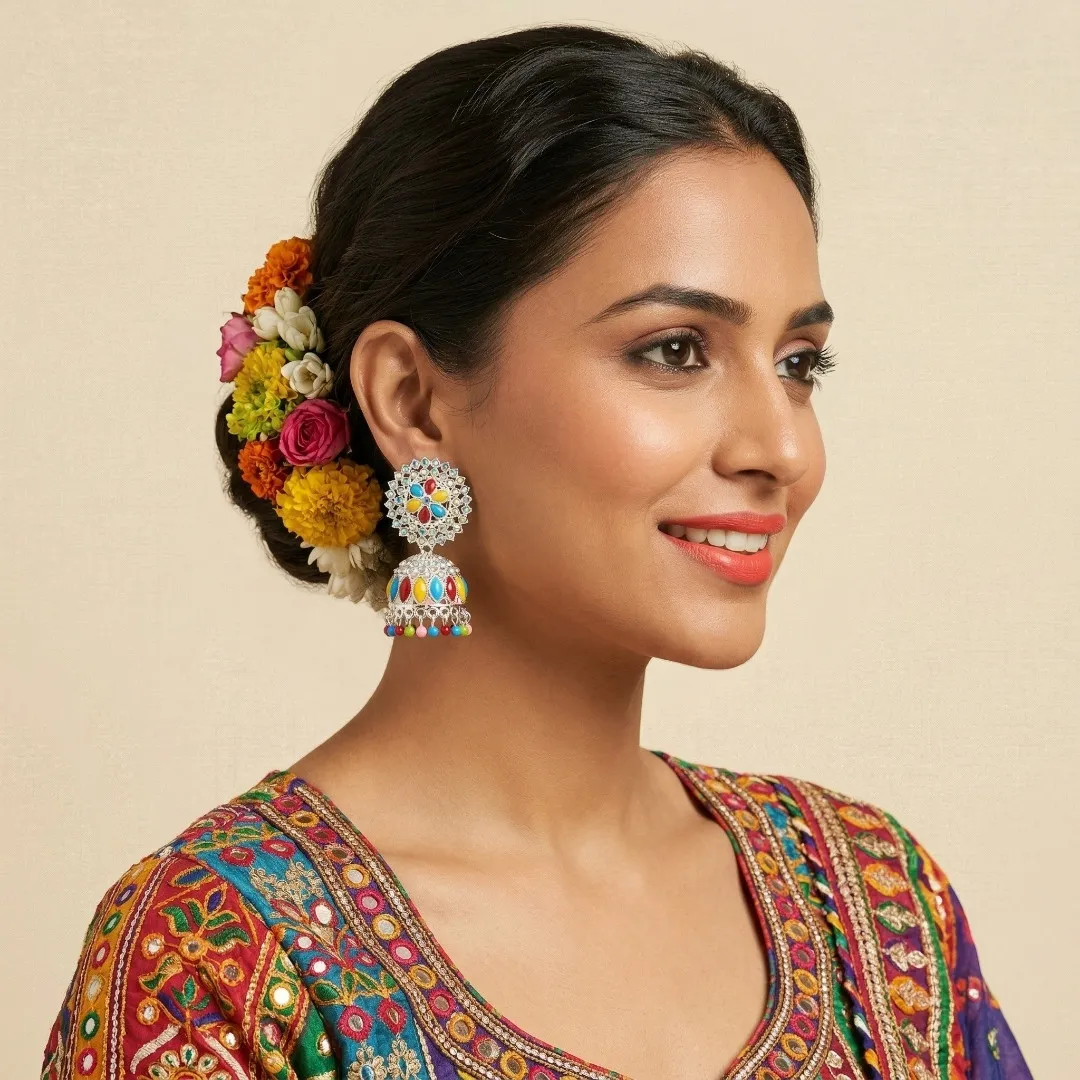 Silver Colorful Kundan Jhumka Earrings - Bridal Party Wear Traditional Jewellery