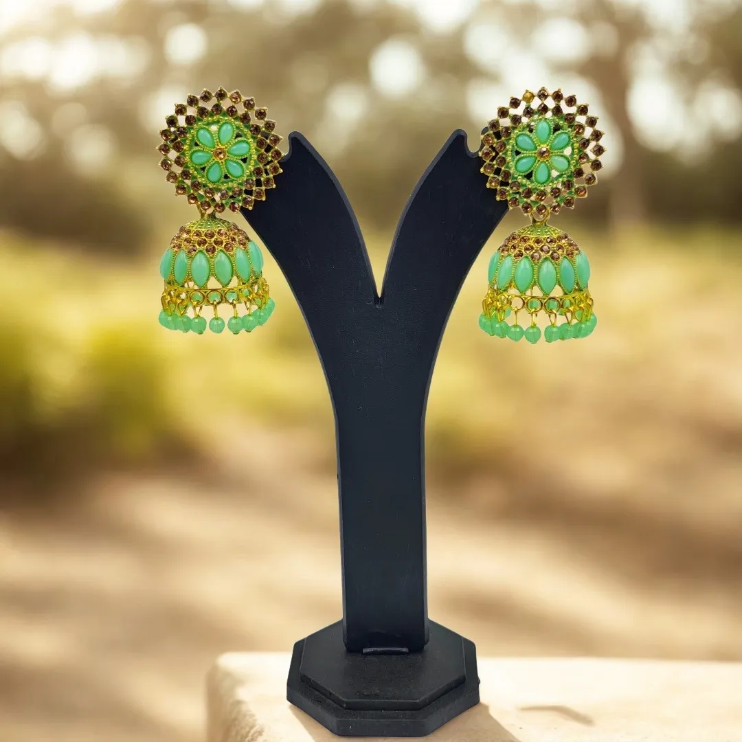 Gold Green Kundan Jhumka Earrings - Bridal Traditional Party Wear Jewellery