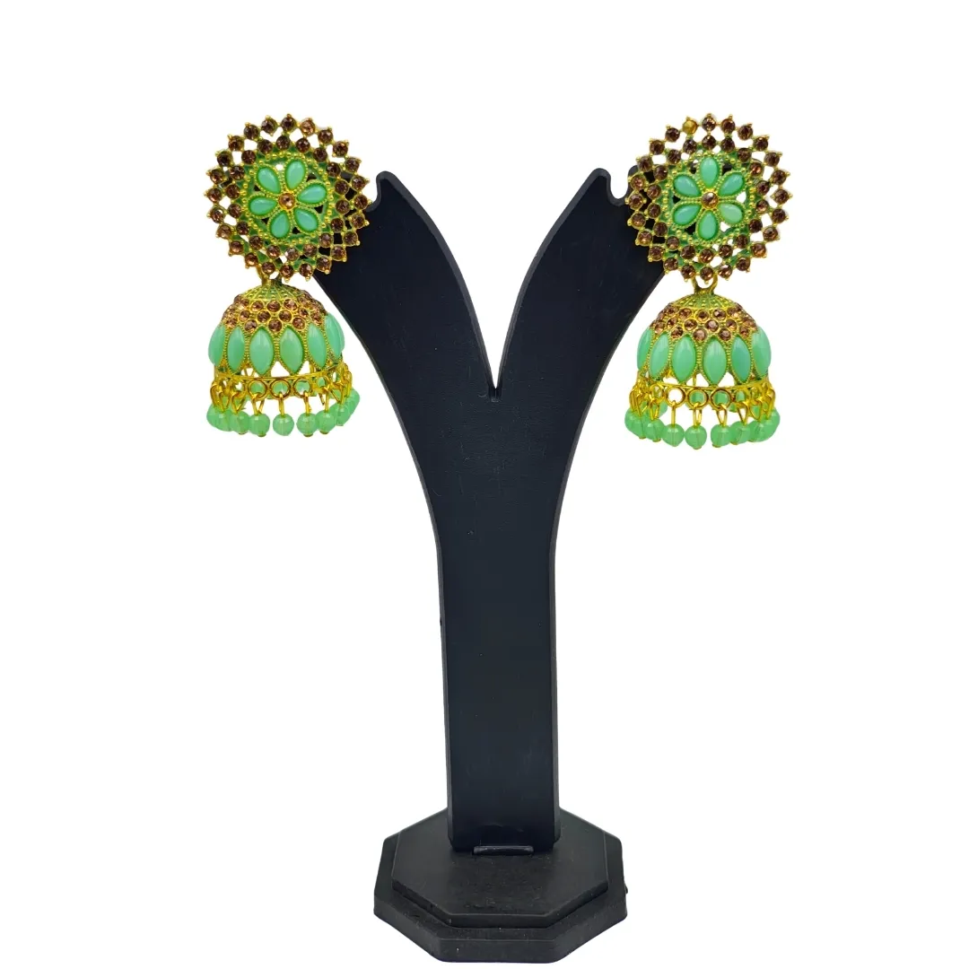 Gold Green Kundan Jhumka Earrings - Bridal Traditional Party Wear Jewellery