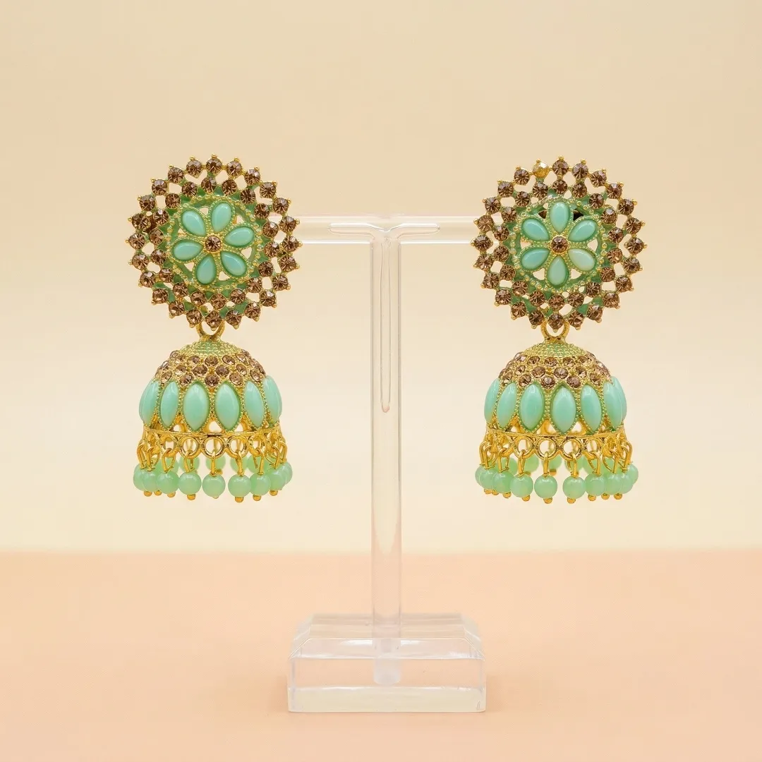 Gold Green Kundan Jhumka Earrings - Bridal Traditional Party Wear Jewellery