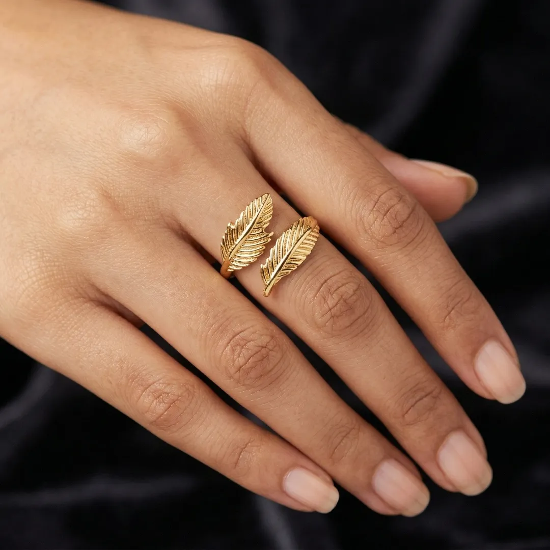 Dual Feather Open Ring – Stainless Steel 18K Gold Plated Minimal Designer Jewellery
