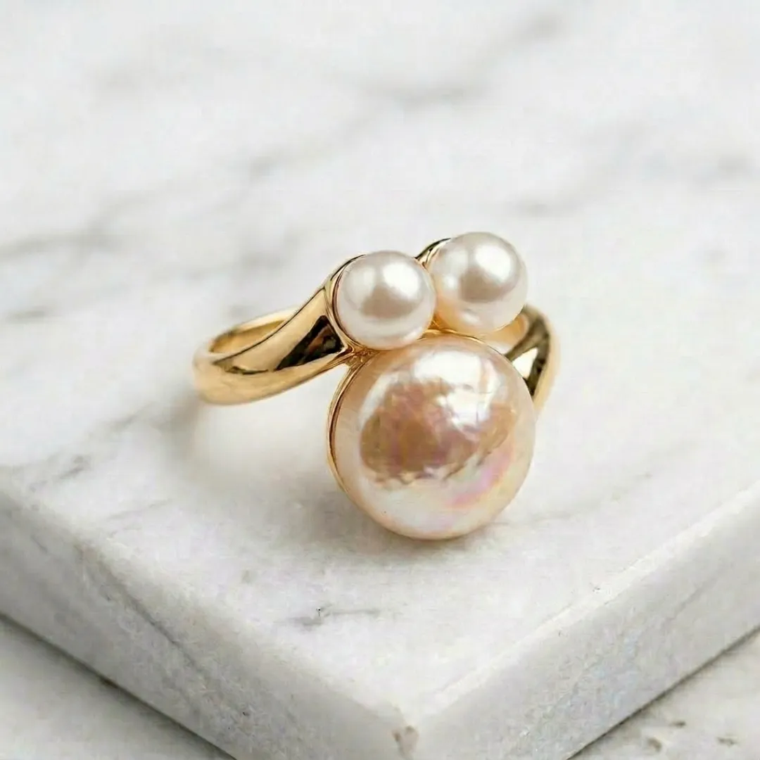 Pearl Cluster Statement Ring – Stainless Steel 18K Gold Plated Elegant Designer Jewellery