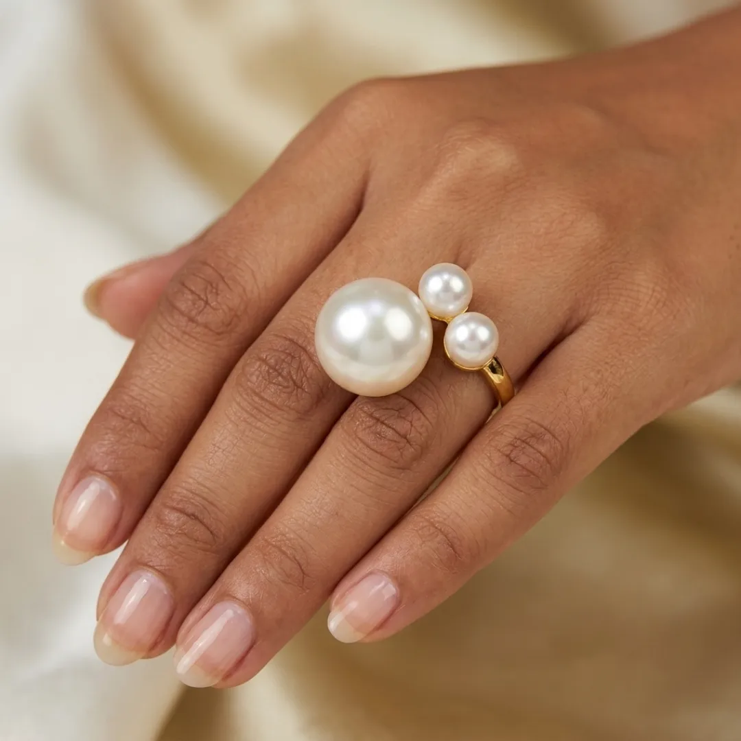 Pearl Cluster Statement Ring – Stainless Steel 18K Gold Plated Elegant Designer Jewellery