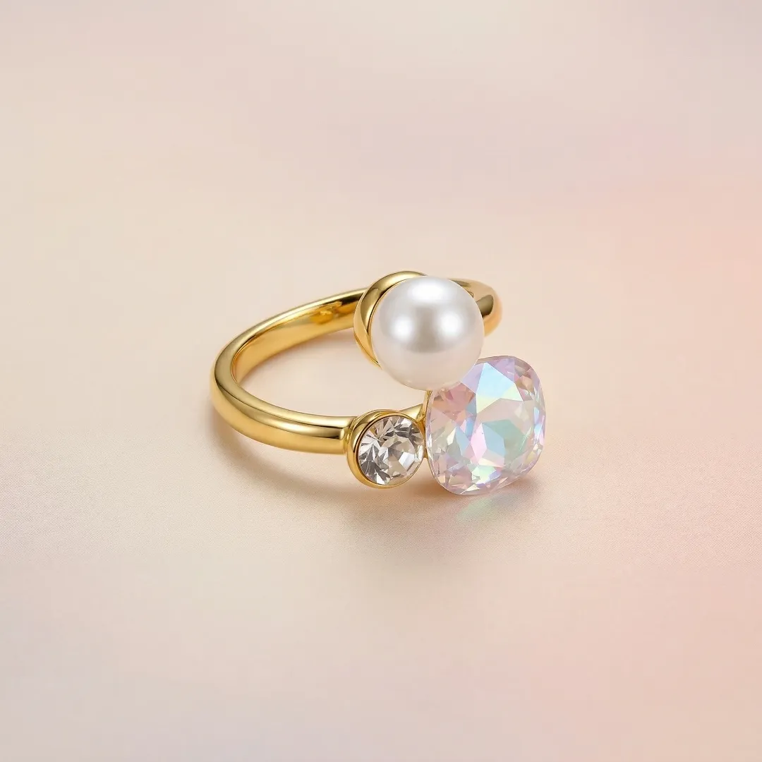 Multi-Stone Pearl & Crystal Statement Ring – Stainless Steel 18K Gold Plated Designer Jewellery