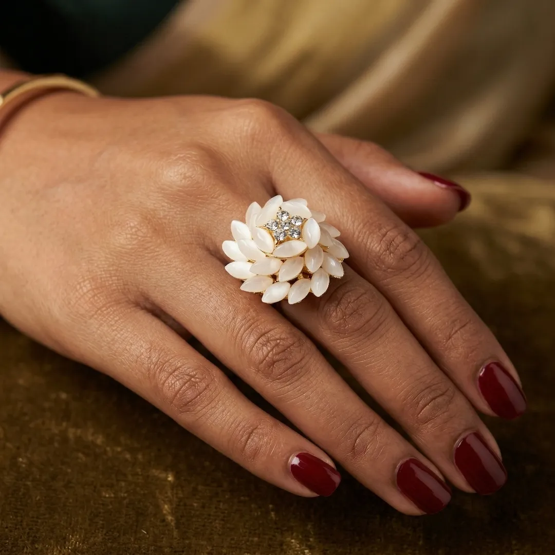 White Floral Bloom AD Ring - Designer Fashion Jewellery for Bridal & Festive Wear