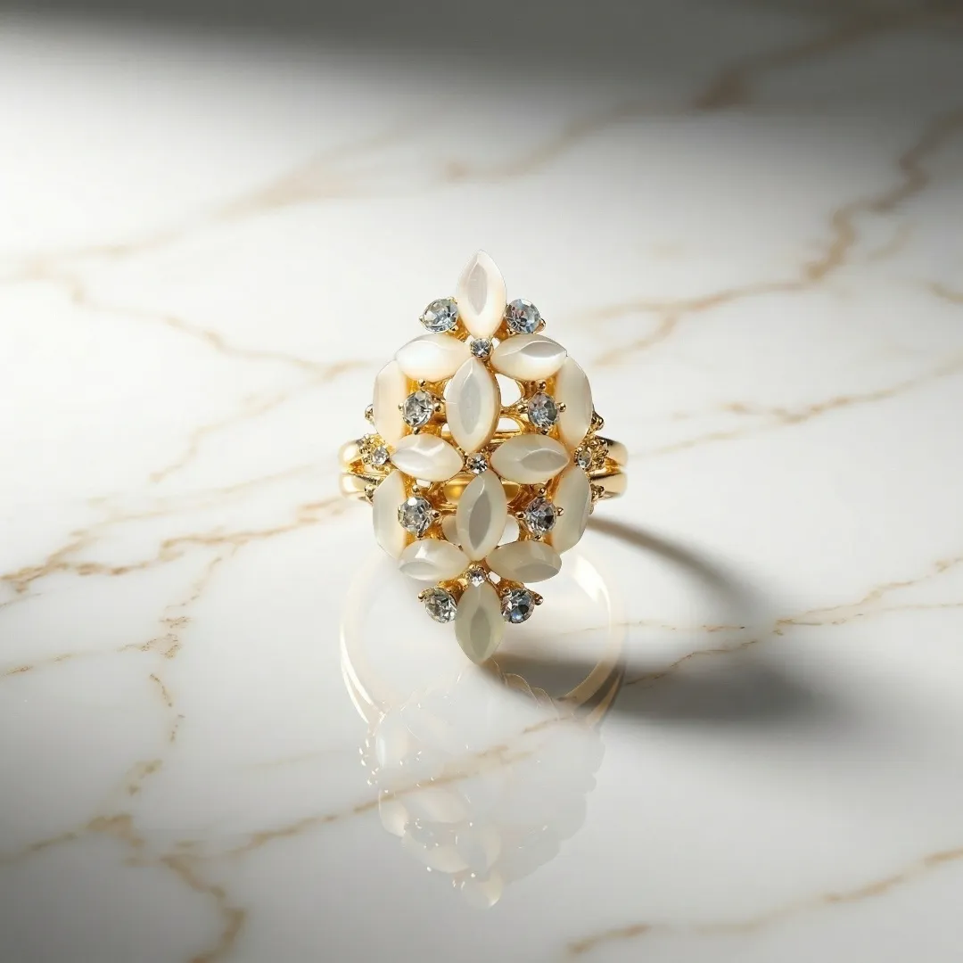White Kundan Floral Statement Ring - Designer Fashion Jewellery for Bridal & Festive