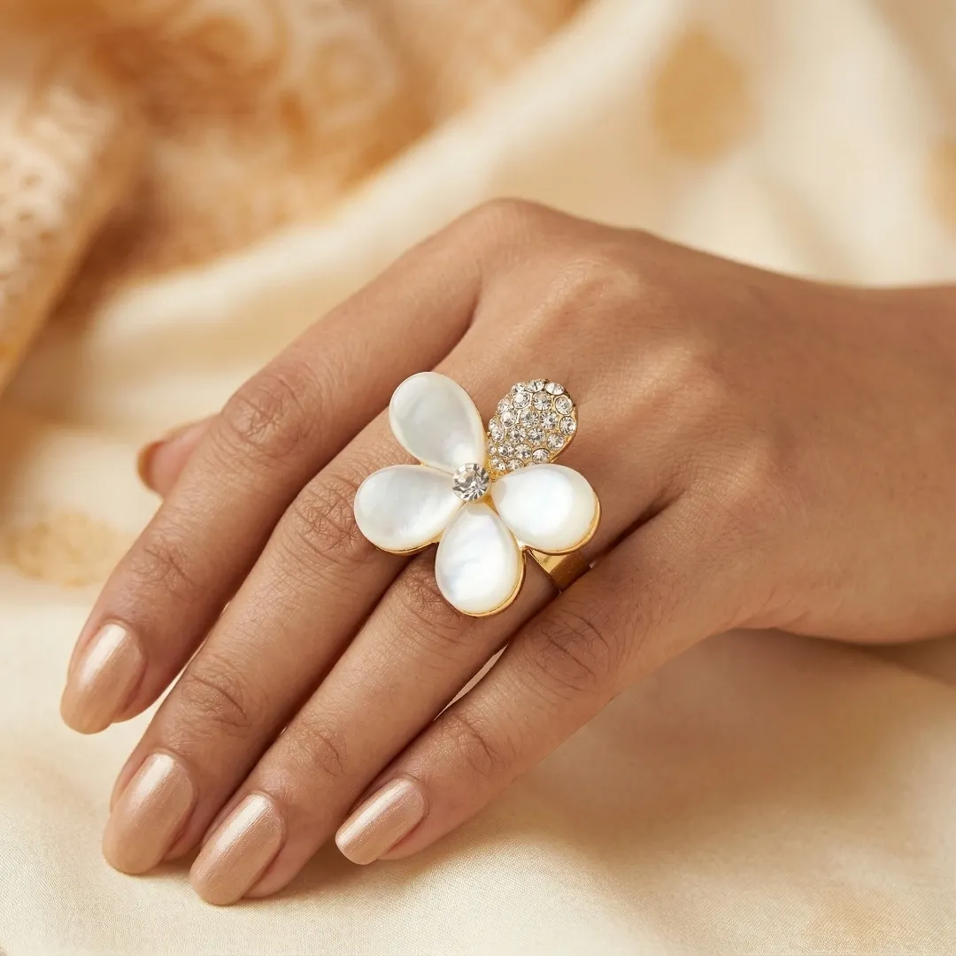 White Pearl Flower AD Ring - Designer Fashion Jewellery for Bridal & Party Wear