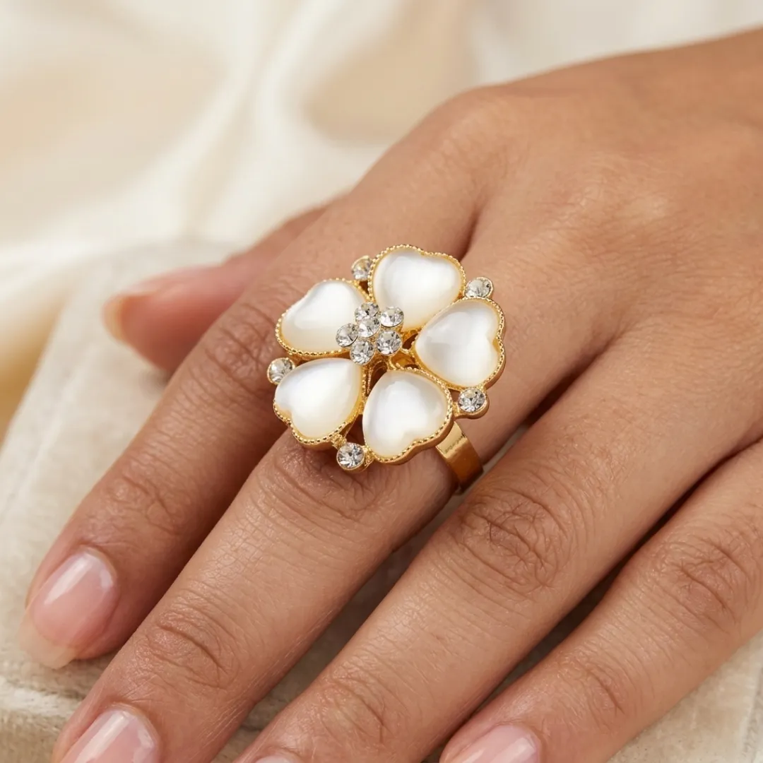 White Pearl Kundan Cluster Ring - Traditional Designer Fashion Jewellery for Bridal Wear