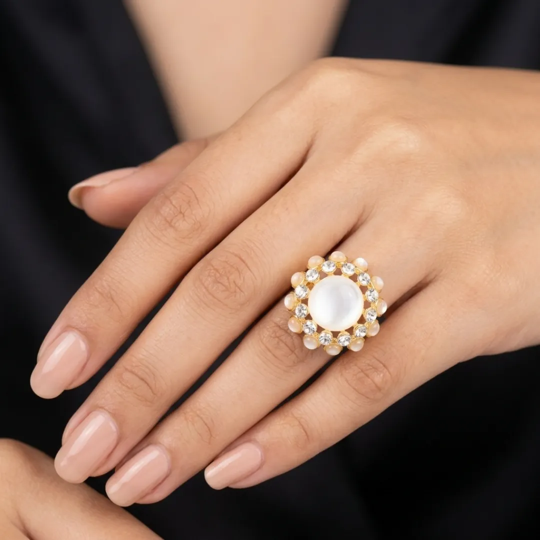 Kundan Pearl AD Cocktail Ring - Traditional Designer Fashion Jewellery for Bridal Wear