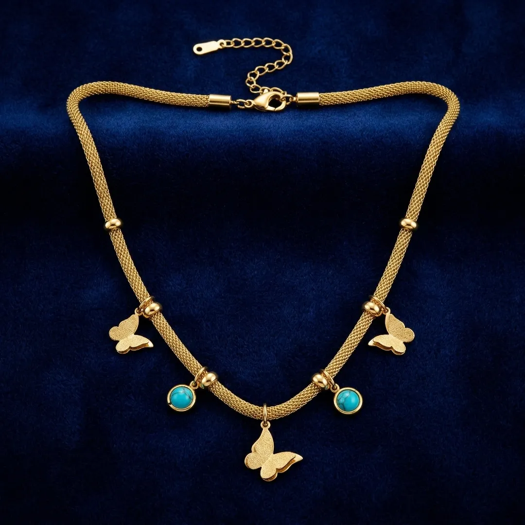Butterfly Charm Necklace with Turquoise Accents – Stainless Steel 18K Gold Plated Designer Party Wear Jewellery