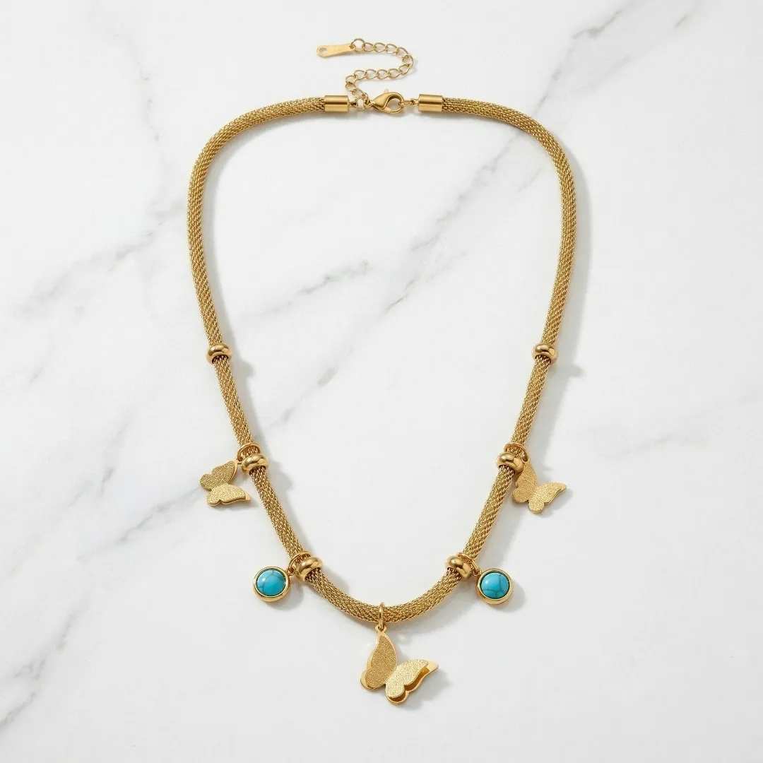 Butterfly Charm Necklace with Turquoise Accents – Stainless Steel 18K Gold Plated Designer Party Wear Jewellery