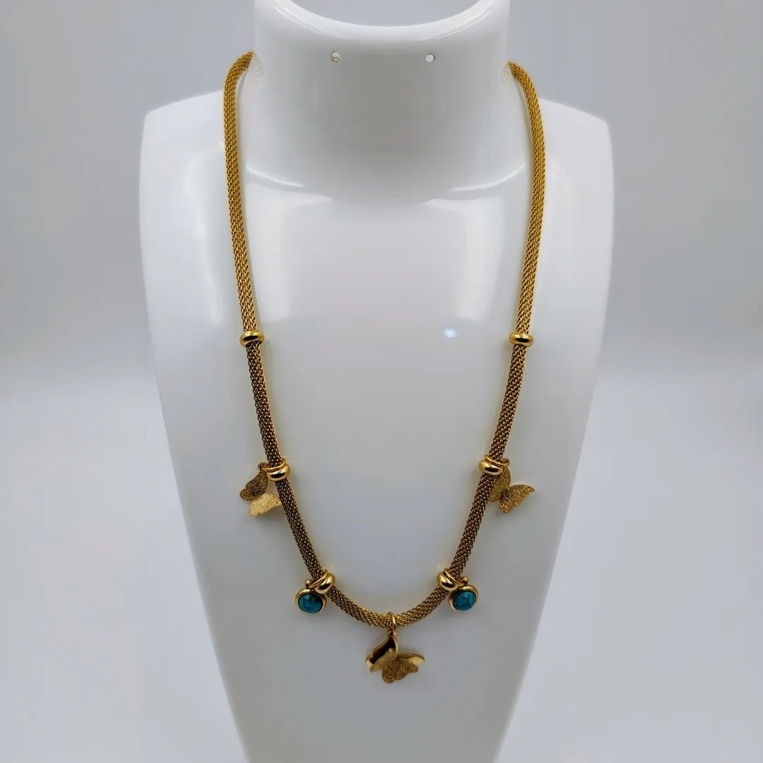 Butterfly Charm Necklace with Turquoise Accents – Stainless Steel 18K Gold Plated Designer Party Wear Jewellery