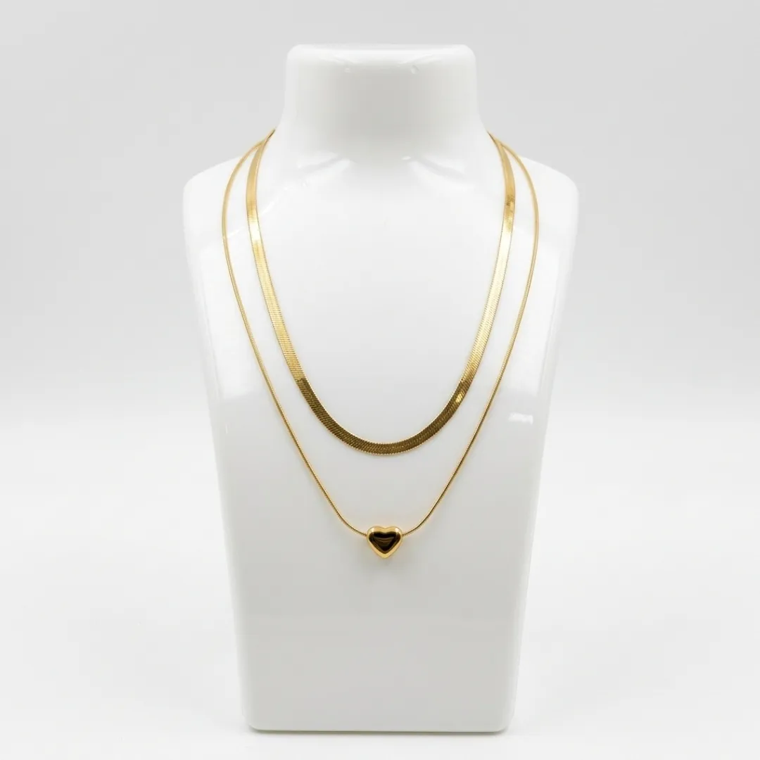 Layered Heart Pendant Necklace with Herringbone Chain – Stainless Steel 18K Gold Plated Designer Jewellery